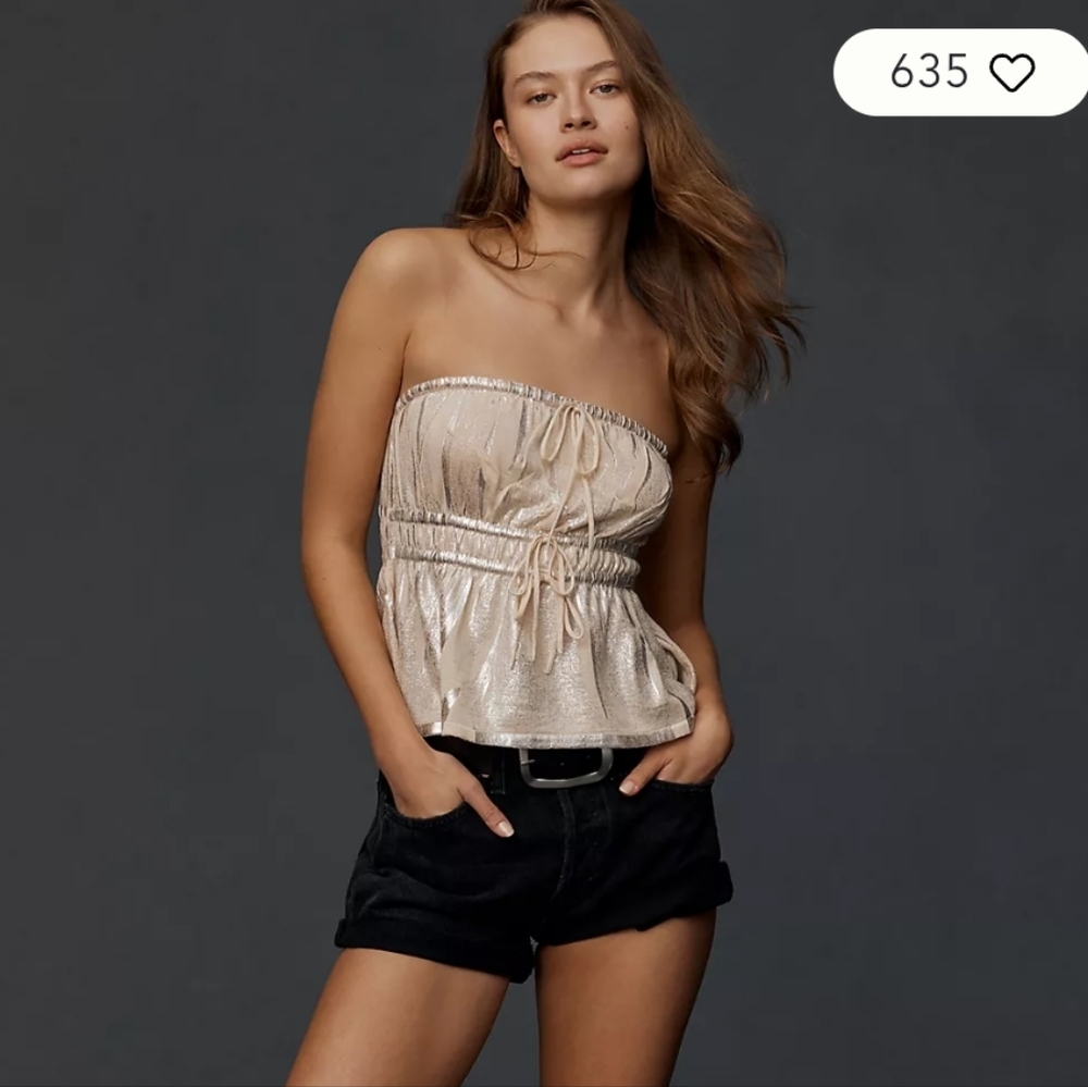NWT By Anthropologie Metallic Strapless Shirred Babydoll Top